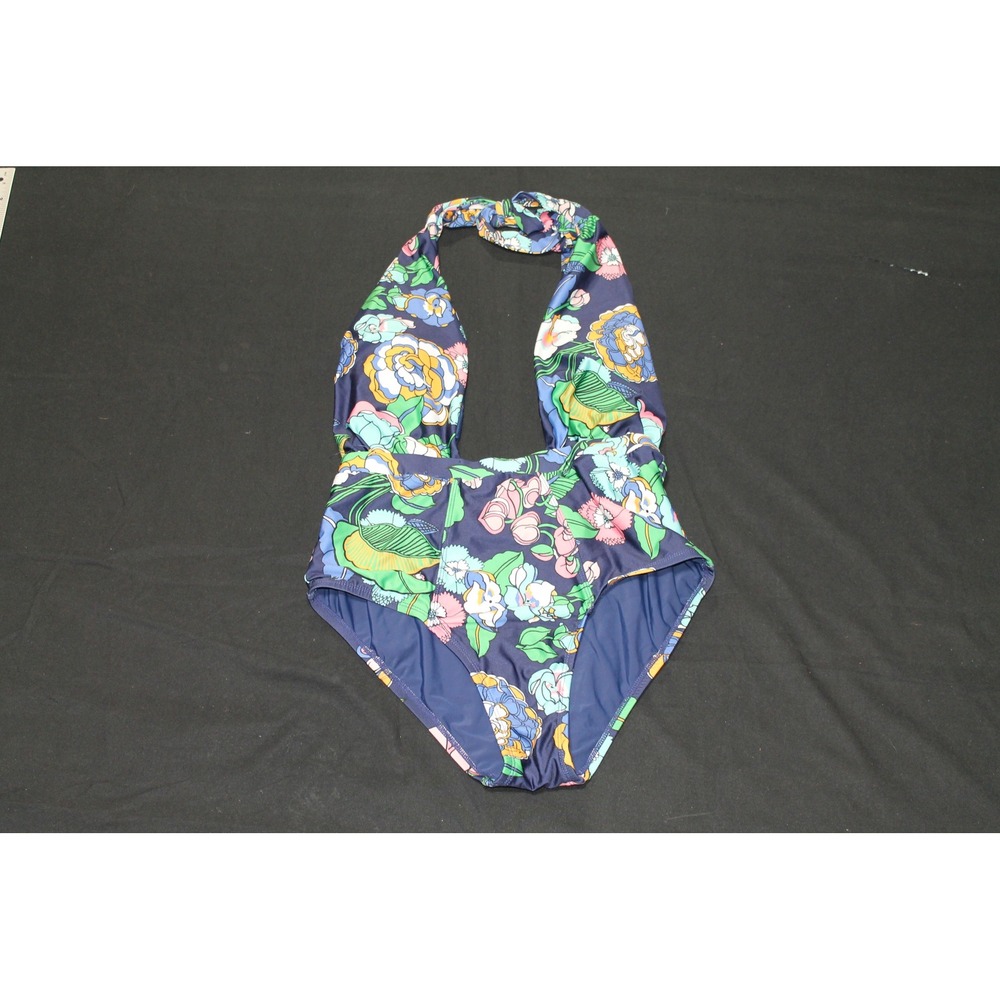 ModCloth Women's Medium Navy Floral Halter One Piece Swimsuit Retro